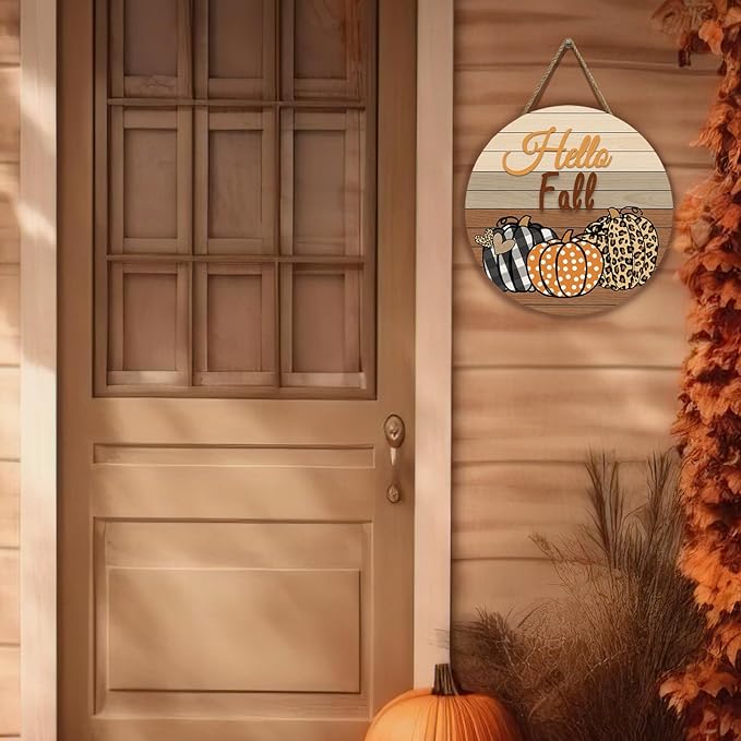 Hello Fall Pumpkin Wooden Door Signs Autumn Harvest Sign Front Door Decor Plaid Pumpkin Farmhouse Door Hanger Decorations for Home Front Door Wall Office Decor