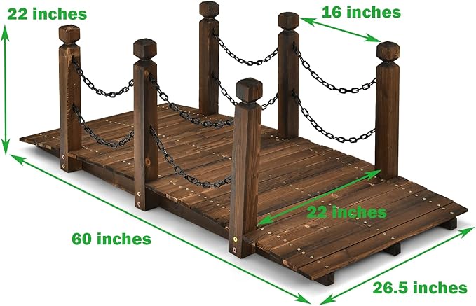 Giantex 5 FT Wooden Garden Bridge, Stained Wood Arc Footbridge with Chain Railings for Backyard Creek Farm, Decorative Pond Bridge, Easy to Assemble, 400 lbs Capacity (Brown)