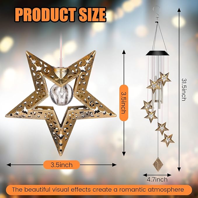 Solar Wind Chimes for Outside Waterproof Hanging Wind Chimes Lights Outdoor Decor Yard Garden Gifts for Mother Mom Grandma Wife Neighbors(Star,Warm Colored Lights)