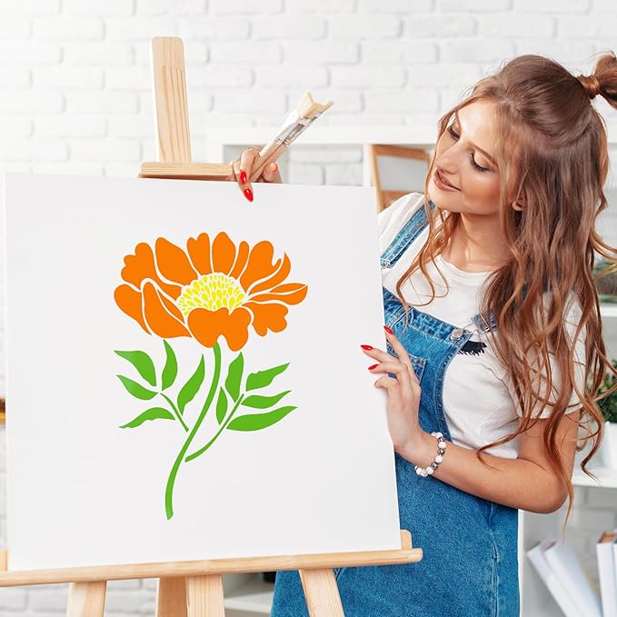 6 PCS Large Flower Stencils, Sunflower Peony Reusable Plastic Paint Templates for Painting on Wood, Floral Plant Stencils Set for Garden Fence Wall Mural Wood Furniture Fabrics Art DIY Craft Decor
