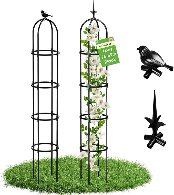 6.2ft Garden Obelisk Trellis for Climbing Plants Rustproof Metal Pipe with Heavy Duty Plastic Coated Garden Outdoor Indoor Potted Plant Support for Clematis Vine Jasmine Support (Black, 6.3 Ft(1 Pcs))