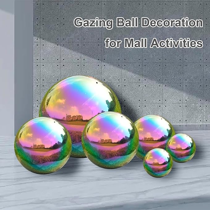 Nerien 10 Inch Gazing Ball, Stainless Steel Garden Mirror Globe, Polished Ornament Sphere, Hollow Floating Reflective Hemisphere, Home Outdoor Pond Housewarming Swimming Pool Decoration Gift, Rainbow