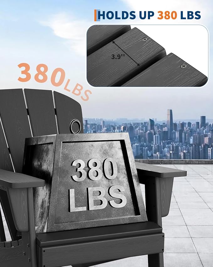 Modern HDPE Plastic Adirondack Chair - Oversize 380 LB Poly Lumber Weather Resistant Firepit Chair - Outdoor Patio Chairs with Wooden Textured for Garden, Backyard, Lawn, Deck, Pool, Porch - Black