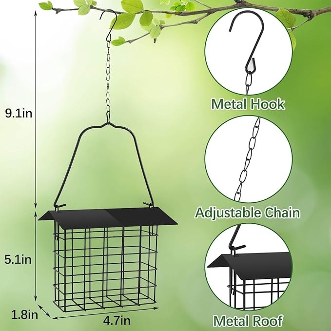 2Pcs Suet Bird Feeder for Outside Hanging, Suet Cakes Cage Bird Feeder for Outdoors with Metal Roof and Adjustable Chain Hook Hanging for Garden Yard Outside