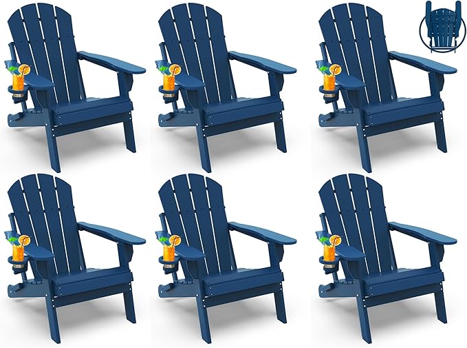 GREENVINES Folding-Adirondack-Chairs-Set-of-6 | HDPE Plastic | Fire Pit Chair | All Weather | Cup Holder | Blue | for Deck Backyard Patio Outdoor Garden