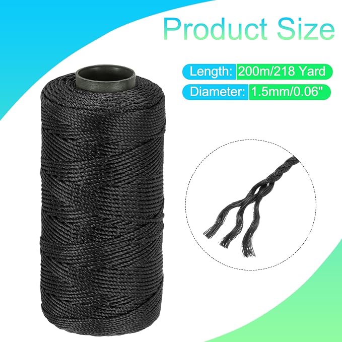 MECCANIXITY Nylon String 3 Strands Twisted Mason Line 1.5mm x 218 Yards Nylon Twine String for DIY Projects, Home Improvement, Gardening, Gift Wrapping, Christmas Party Supplies, Black