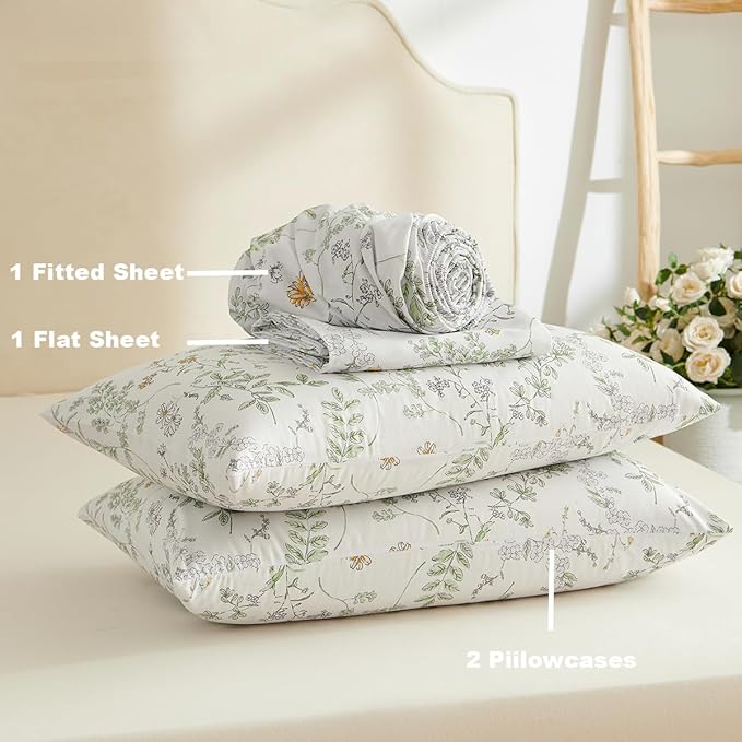 Botanical Bed Sheets Full Size 4 Piece Sheet Set, Sage Green Floral Shabby Chic Leaves Pattern Printed Coquette Aesthetic Bedding, Deep Pocket, Soft Microfiber