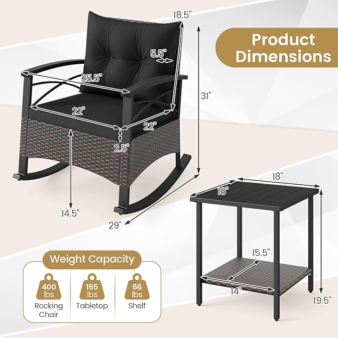 Tangkula 3 Piece Rattan Rocking Chair Set, Patio Rocker Bistro Set with Acacia Wood Tabletop & Armrests, 2 Outdoor Cushioned Armchairs w/Double-Tier Side Table for Porch, Balcony, Backyard