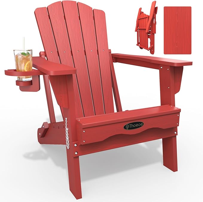 Folding Adirondack Chair,HDPE All-Weather Outdoor Chair with Cup Holder,Wooden Textured,Fire Pit Chair,Plastic Patio Chair for Deck,Backyard,Garden,Lawn(Red)