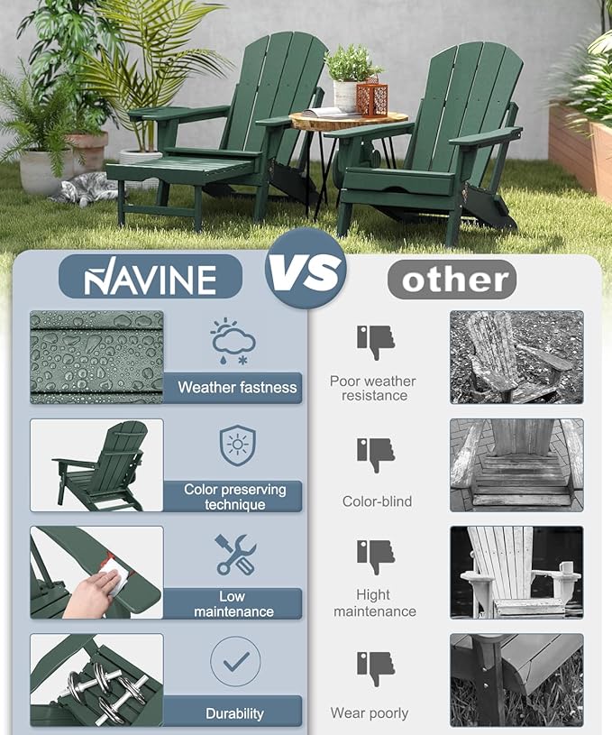 Adjustable Adirondack Chair with Retractable Ottoman Set of 4, HDPE Folding Adirondack Chair with Cup Holder, All Weather Fire Pit Chair for Outdoor, Dark Green