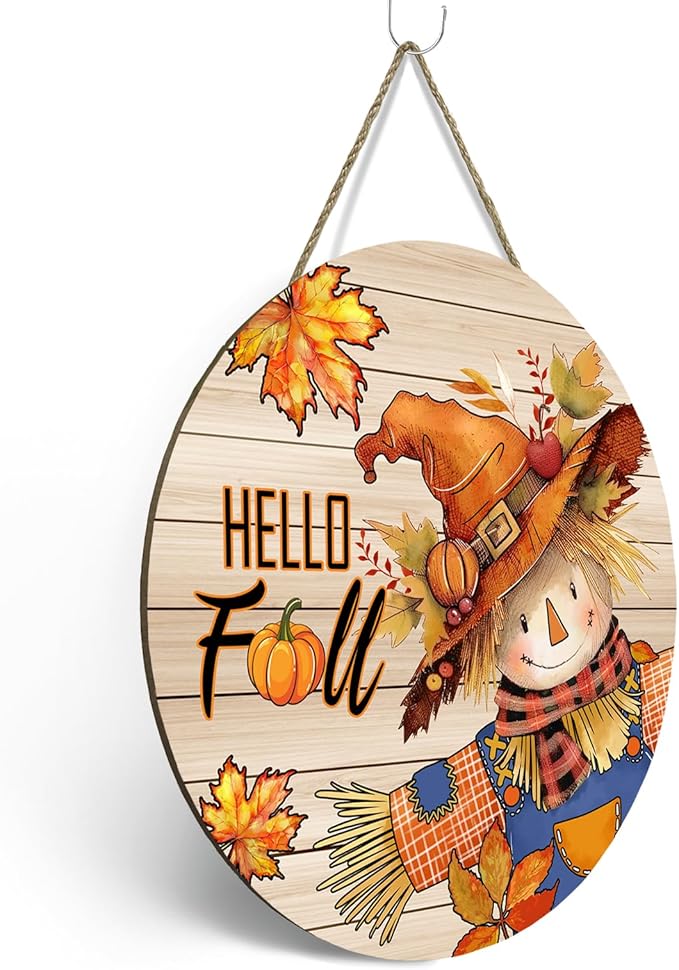 Hello Fall Autumn Scarecrow Door Sign for Porch Pumpkins Maple Leaf Wood Hangers Farmhouse Door Sign for Front Door Decor Seasonal Home Decorations Autumn Wall Hanger Sign