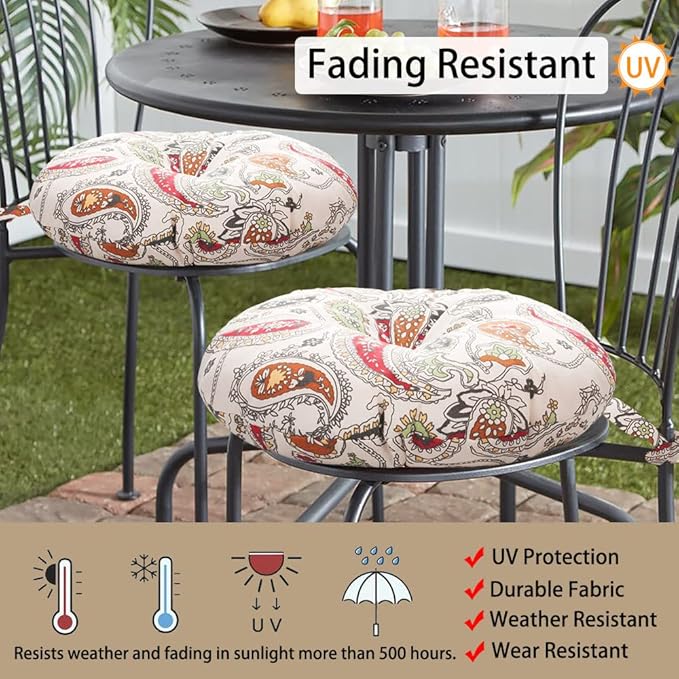 Magpie Fabrics Outdoor Round Bistro Seat Cushions with Ties, 15"x15"x4" Set of 2, Tufted Waterproof Barstool Chair Pads for Patio Home Garden Office, Paisley Beige Red