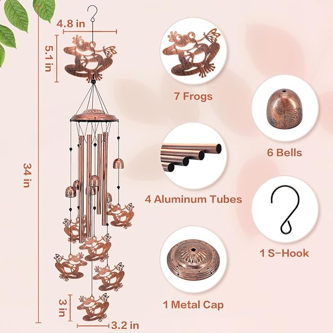 Frog Wind Chimes for Outside,Frog Gifts for Women Men/Memorial Gifts/Sympathy Gift/Birthday Gift Metal windchimes Outdoors/Indoors,Garden Decor,Patio,Home,Porch,Yard Decorations