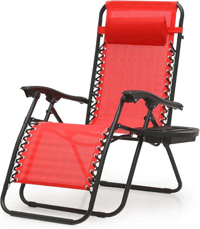 Magshion Zero Gravity Lounge Chair, Adjustable Folding Recliner with Cup Holder Side Tray & Removable Headrest Pillow, Portable Outdoor Patio Lounger for Camping, Beach, Lawn, Backyard, Red