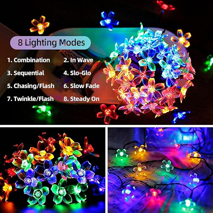 Outdoor Flower String Lights, 33ft Black Wire Fairy Lights with 100 LED Lighted Cherry Blossom for Indoor/Outdoor Backyard, Patio, Garden, Party, Christmas Decoration (Black Wire-Multicolored)