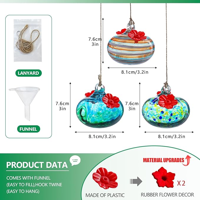 3PCS Small Glass Hummingbird Feeders for Outdoors 3inch Hand Blown Glass Humming Bird Feeder for Window Hanging Ant and Bee Proof Humming Birds Feeders