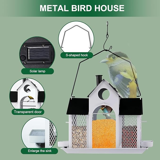 Solar Bird Feeder House for Outside Hanging, Large Capacity Birdhouse Bird Feeders Hanging for Outdoors, Metal Mesh Wild Birdfeeder for Finch Cardinal, White and Black