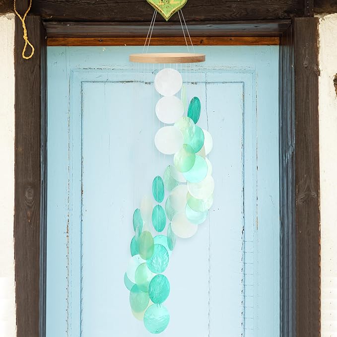 Wenqik Sea Glass Shell Wind Chimes for Outside Seaglass Capiz Windchime Spiral Wind Chimes for Women Beach Holiday Summer Gift Indoor Outdoor Home Housewarming Garden Decor(Light Blue)