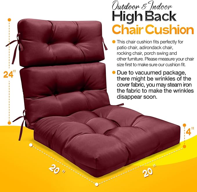 MAGIC ELEPHANT High Back Chair Cushion, Indoor Outdoor Memory Foam Chair Cushion with Ties for Adirondack and Rocking Chair, Waterproof Replacement Patio Cushion for Chair (Red)