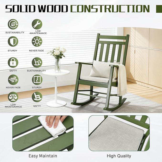 Outvita Outdoor Rocking Chair, Solid Wood High Back Rocker, All Weather Lounge Chair with Padded Cushions for Porch Patio Fire Pit Garden Backyard Deck Indoor, Green