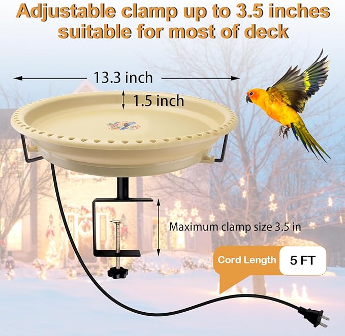 Daoeny Heated Bird Baths for Outdoors, Upgraded 100W Thermostatically Controlled Heated Bird Bath Deicer Deck Mounted, Heated Bird Bath Bowl for Deck Railing Winter Garden Yard Patio (Khaki)