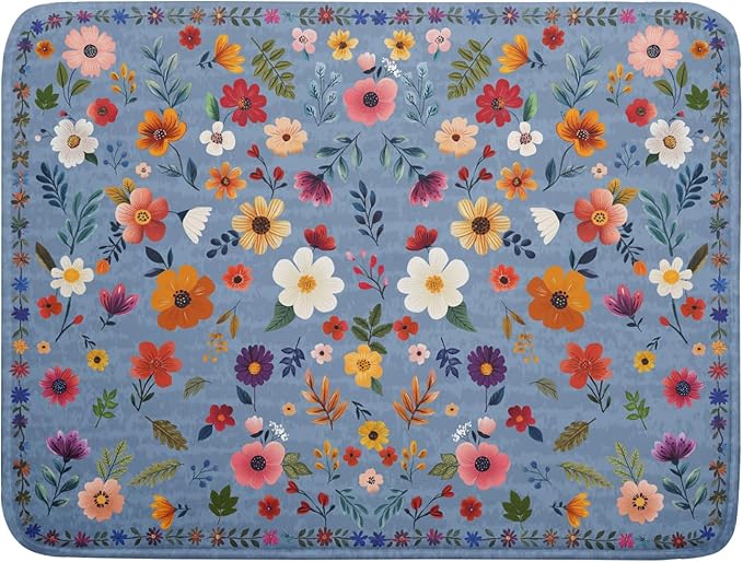 Colorful Flower Dish Drying Mat - Blue Large Floral Coffee Mat for Kitchen Counter Decor 18 X 24