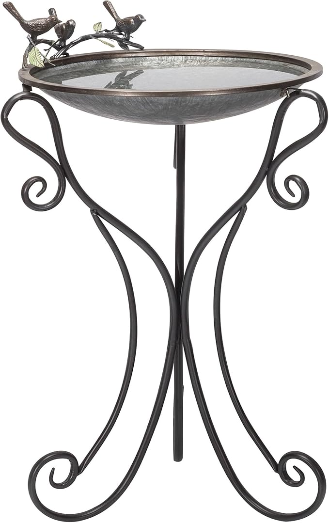 Alpine Corporation Vintage Metal Birdbath with Twigs and Bird Figurines - Iron Outdoor Decor for Garden, Patio, Deck, Porch