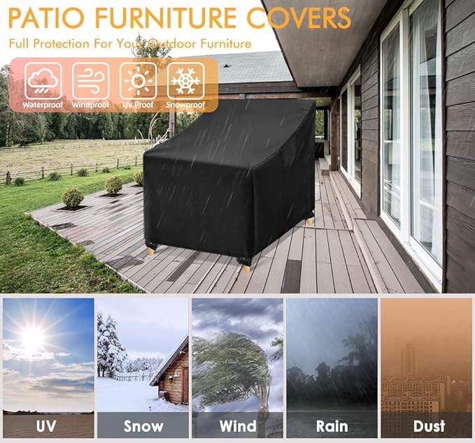 WLEAFJ Outdoor Chair Covers Waterproof, Black Lawn Patio Furniture Covers, Heavy Duty Patio Lounge Deep Seat Cover, 2 Pack - 36" W x 37" D x 36" H