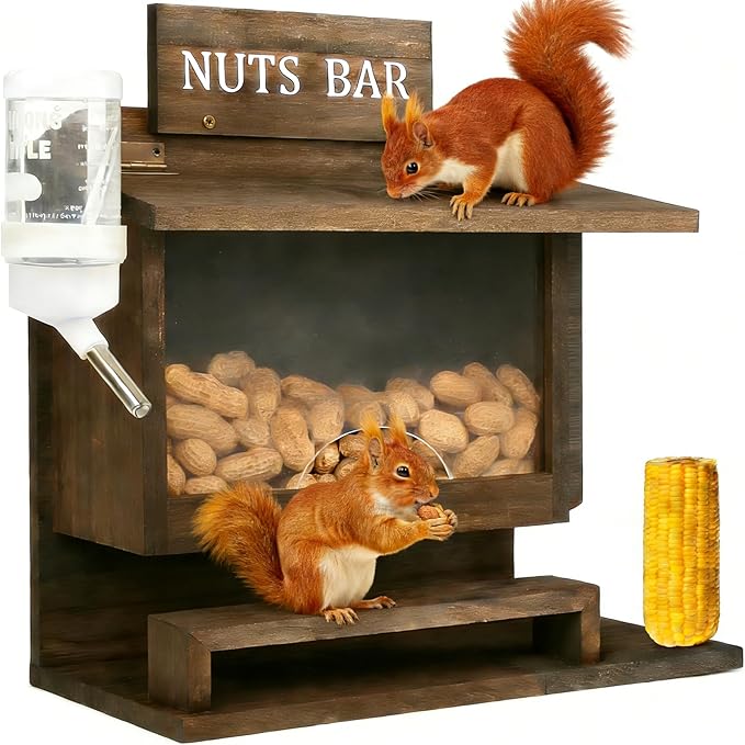 Squirrel Feeders for Outside, Nut Bar Squirrel Feeder, 11.8" Large Squirrel Picnic Table Peanut Corn Cob Feeder, Durable Wooden Chipmunk House Box for Corn Peanuts, Funny Squrrill Nuts Bar