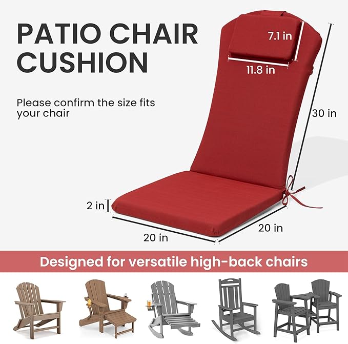 Crestlive 50x20 Inch Adirondack Chair Cushion with Headrest, Water Repellent, Fade Resistant, High Back Outdoor Rocking Chair Cushion for Patio, Chili