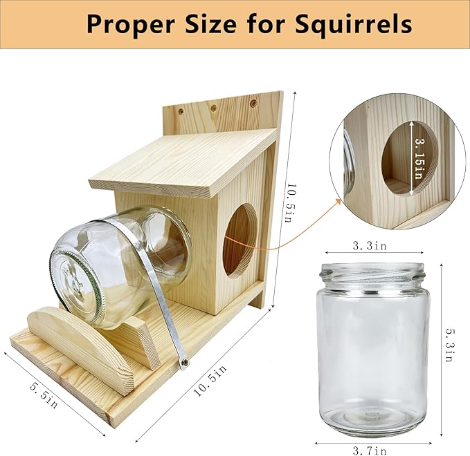 Squirrel Feeder,Wood Squirrel Feeders for Outside,Durable Log Squirrel House with Removable Glass Jar,Chipmunk Feeder Weather-Proof Squirrel Feeders for Outdoors with Corn,Peanut Seed Holder