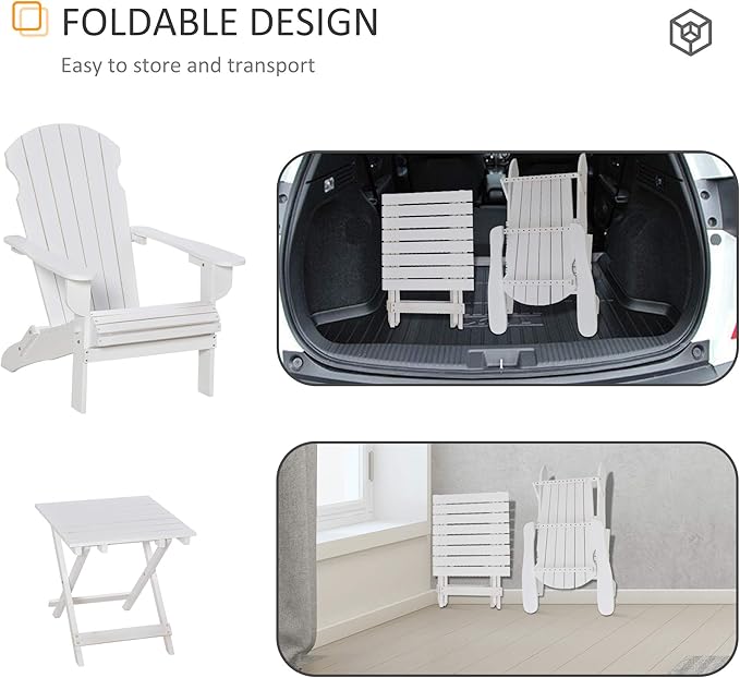 Outsunny 3-Piece Folding Adirondack Chair with Ottoman and Side Table, Outdoor Wooden Fire Pit Chairs w/High-Back, Wide Armrests for Patio, Backyard, Garden, Lawn Furniture, White