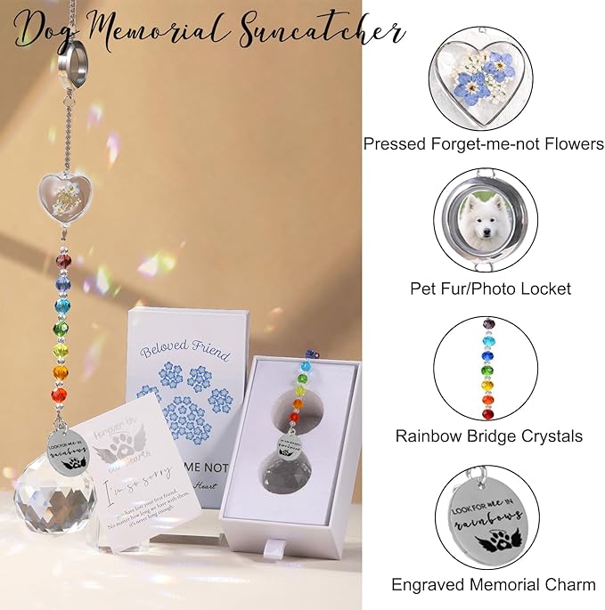 Pet Memorial Suncatcher Loss of Dog Sympathy Gift, Rainbow Bridge Dog Bereavement Cat Memorial Gifts, Passing Away Remembrance Gifts (1, Heart)