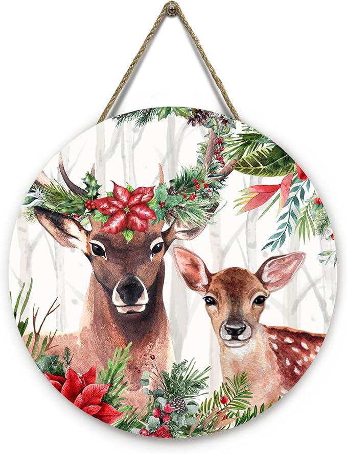 Deer Xmas Door Hanger Holly Tree Flowers Sign for Front Door Winter Deer Floral Hanging Porch Christma Decorations for Outdoor
