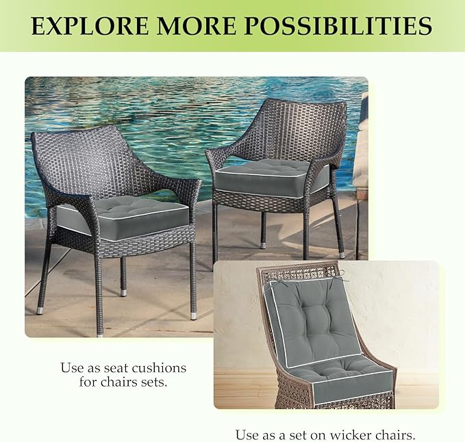 HARBOREST Outdoor Chair Cushions Set of 2, Tufted Patio Chair Cushions with Ties, Square Corner Outdoor Cushions for Patio Furniture, Lawn Chairs, Wicker Chairs, 19" x 19" x 5", Grey