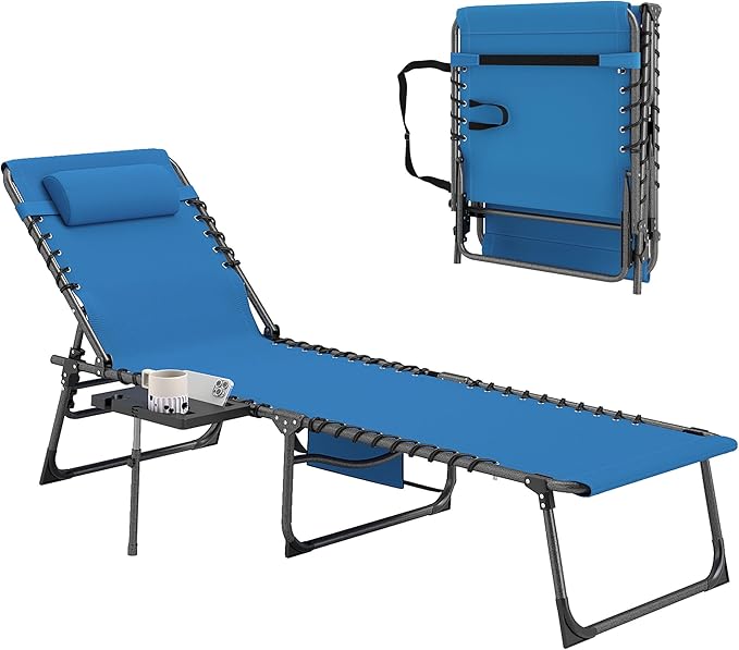 Outsunny Folding Chaise Lounge Chair Outdoor Tanning Chair with Side Table, 5-Level Adjustable Beach Lounge Chair with Headrest, Side Pocket for Patio, Backyard, Beach, Poolside, Blue