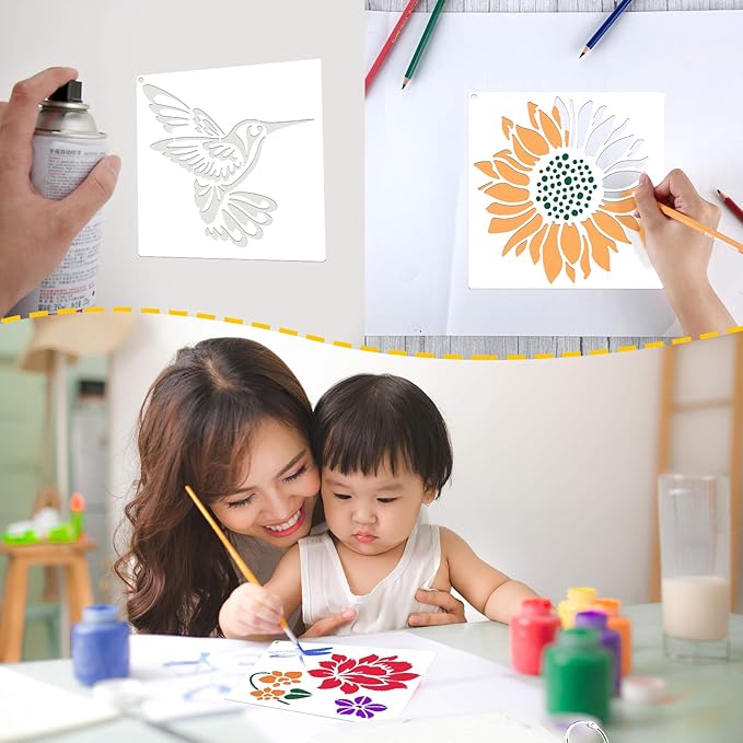 Zonon 16 Pieces Stencils for Painting, Reusable Large Butterfly Hummingbird Sunflower Stencil with Metal Open Ring, DIY Craft Templates for Spring Summer Wood Wall Canvas Home Decor(5.1 x 5.1 Inch)