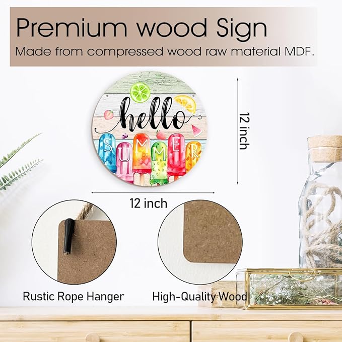 TAGDANK Rustic Wood Hanging Plaque Summer Decor 'Hello Summer' 11.8*11.8*0.2inches