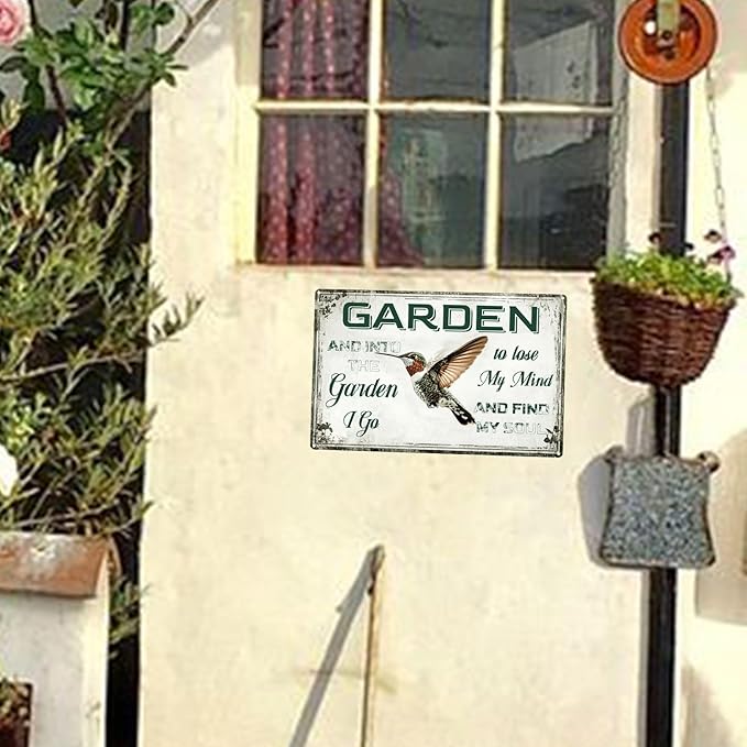 Vintage Garden Metal Tin Signs Hummingbirds and Into The Garden I Go Funny Tin Sign Rustic Indoor Outdoor Wall Decor for Home Yard Farmhouse Greenhouse Patio Porch Bar 8×12 Inch