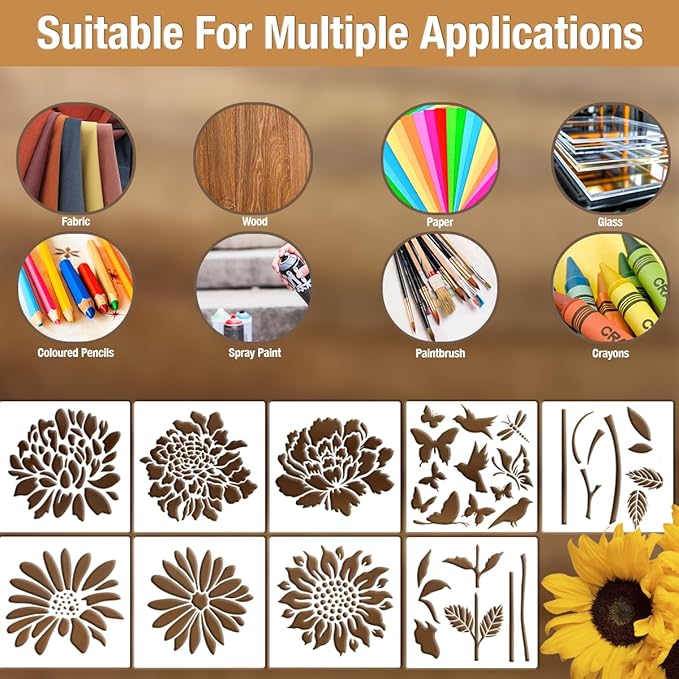 CeeVian Large Flower Stencils for Painting 9 Pieces Floral Templates Reusable Flower Stencil Wildflower DIY Art Stencils for Outdoors Garden Walls Lace Home Canvas Furniture Paper