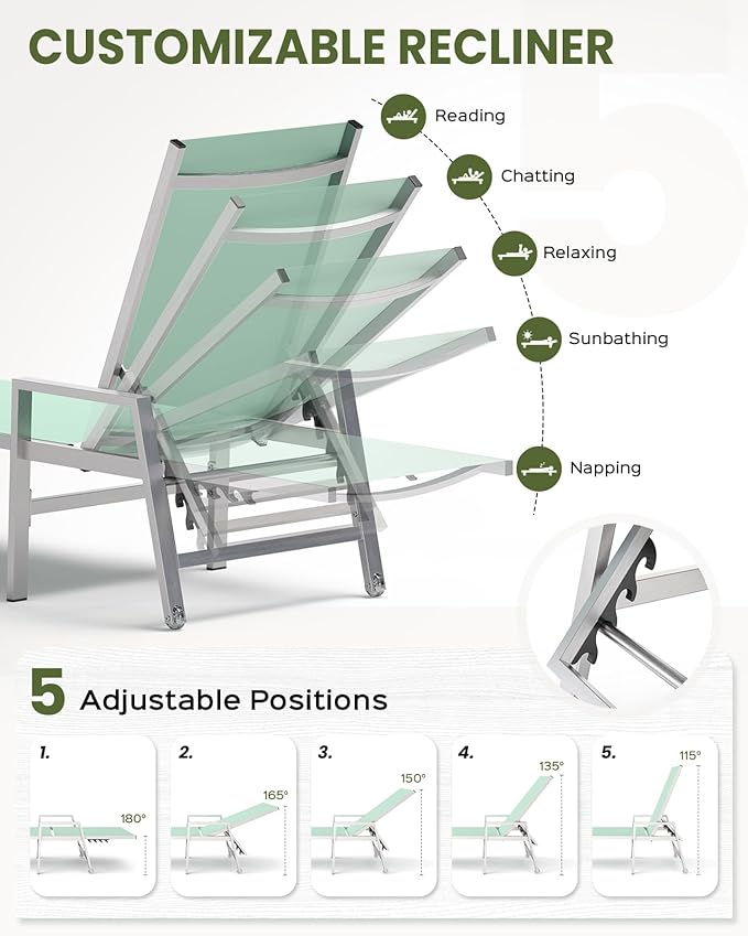 Patio Chaise Lounge Chair Outdoor with Wheels&Armrests, Aluminum Pool Lounge Chairs Set of 2 Five-Position Adjustable Recliner, Outdoor Beach Lounge Chairs for Poolside, Patio, Deck, Yard, Light Green