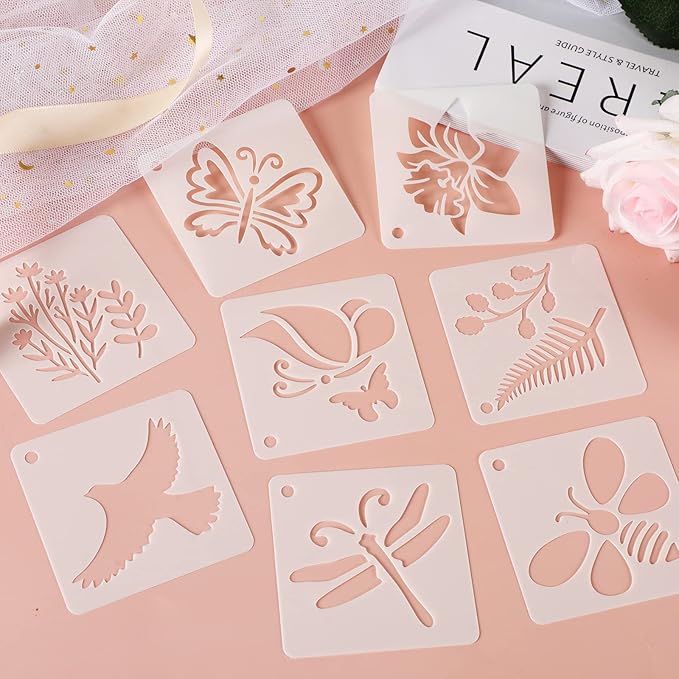 Augshy 56 Pack Flower Stencils for Wood, Butterfly & Bird Stencils for Wall & Floor Decor DIY Rock Dot Painting Art Projects (3inch)