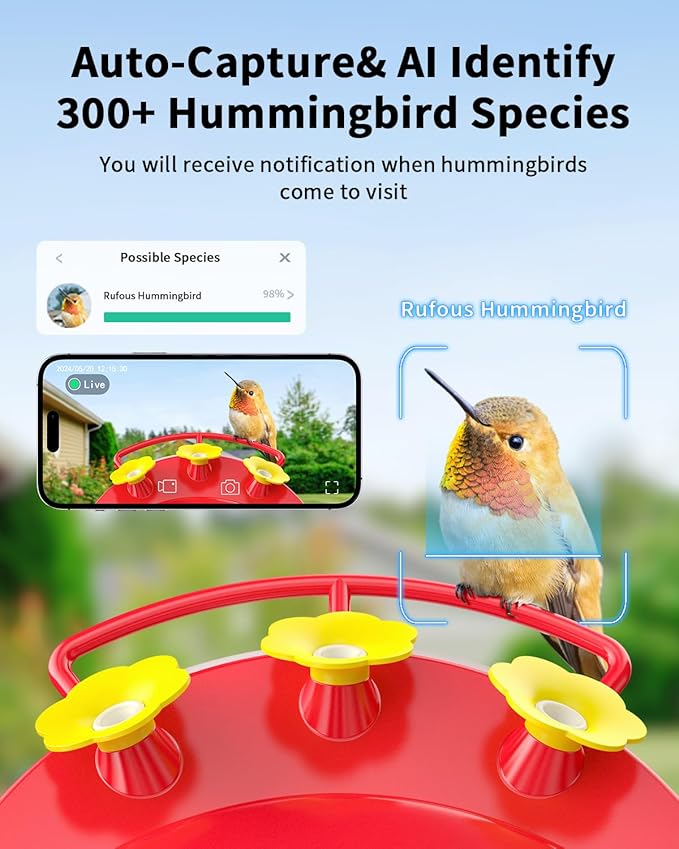 Hummingbird Feeder with Camera Solar Powered W/32G Card, AI Identify Bird Species, Ant Moat/Bee Proof, Hummingbird Cam Watching Live Video, Instant Notifications, Ideal Present for Bird Lovers