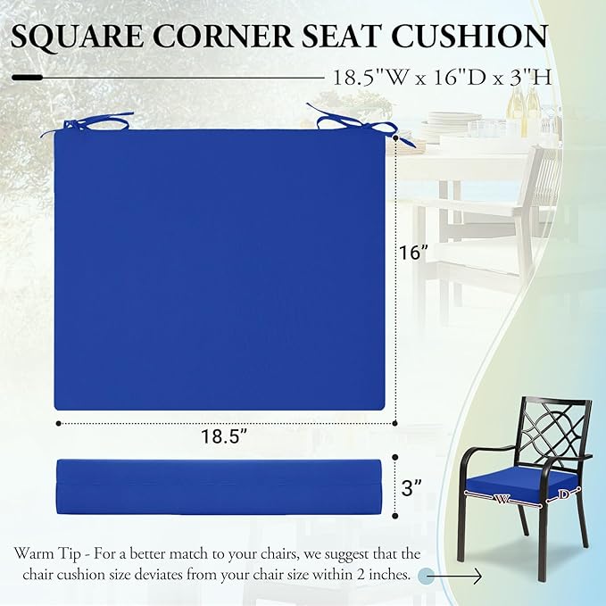 Wellsin Outdoor Chair Cushions for Patio Furniture - Outdoor Cushions for Chairs - Water Resistant Patio Chair Cushions Set of 4, 18.5"X16"X3", Royal Blue