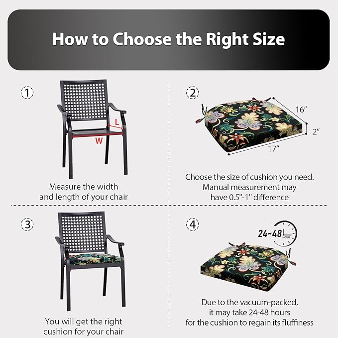 Outdoor Chair Cushions Set of 4, 17x16x2 Inch, Patio Furniture Cushions, Water Resistant, Non-Slip, Black Floral