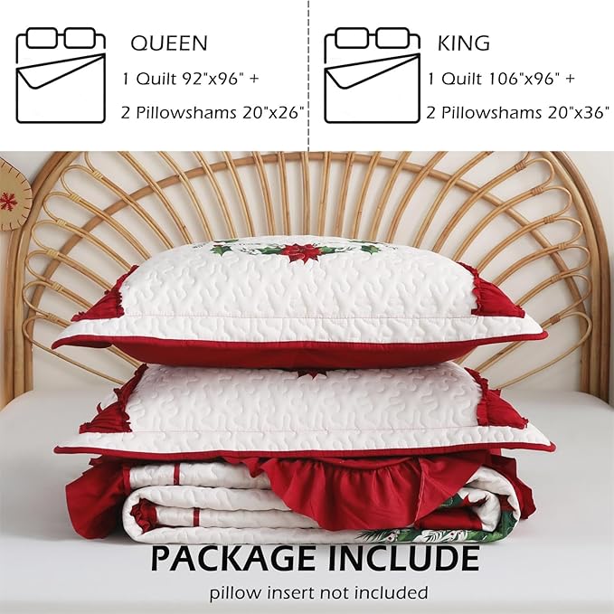 Cmfshape Poinsettia Floral Bedspread with 2 Pillow Shams-Queen Size,Patchwork Red Quilt Set 3 Piece,Christmas Bedding for Kids Women,Lightweight Reversible Bed Coverlet for All Seasons,Queen92 x96