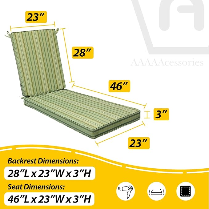 AAAAAcessories Outdoor Chaise Lounge Cushions, Fade-Resistant, Waterproof Patio Furniture Replacement Cushions, 74" x 23" x 3", Set of 2, Mossy Forest Stripe