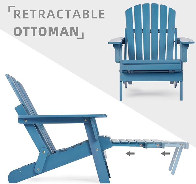 Oversized Outdoor Wooden Folding Adirondack Chair with Retractable Ottoman, Wood Patio Chair with Footrest for Garden Backyard Porch Pool Deck Firepit