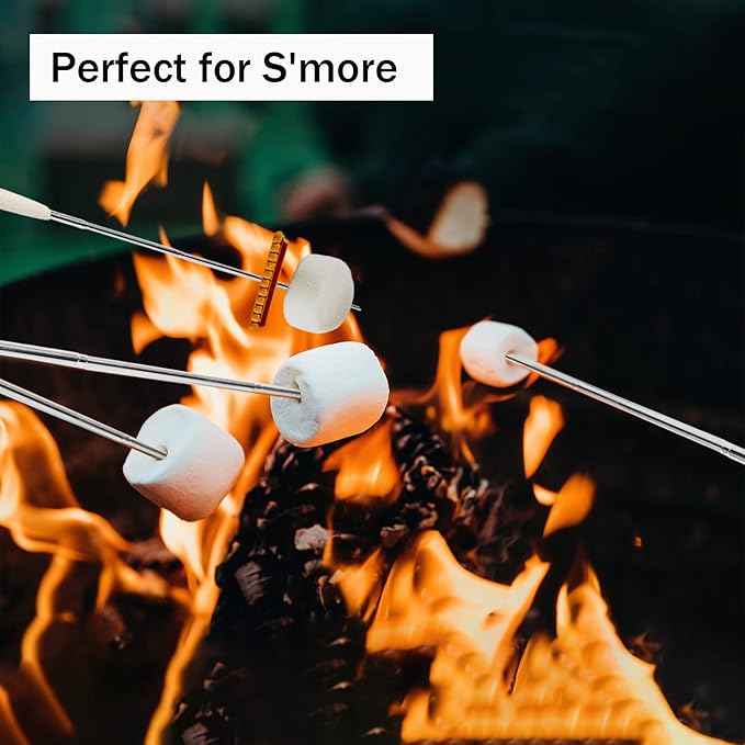 6 Pcs 32 inch Marshmallow Roasting Sticks - Extendable Smores Sticks for Fire Pit Long - Heavy Duty Hot Dog Sticks for Campfire, Premium S'mores, Hot Dog & Camping Cooking Kit