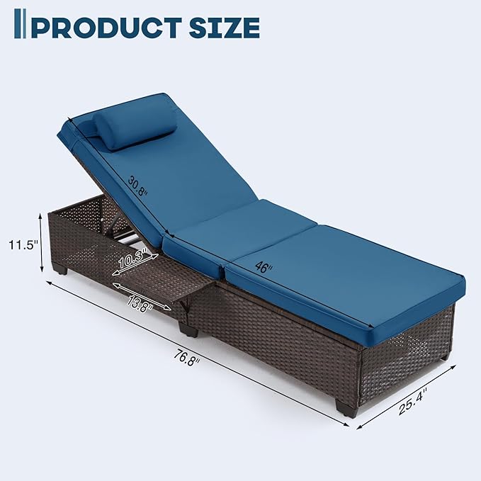 Outdoor Lounge Chairs, Pool Lounge Chairs Set of 2, Outdoor Chaise Lounge with Adjustable Backrest & Cup Holder,Peacock Blue